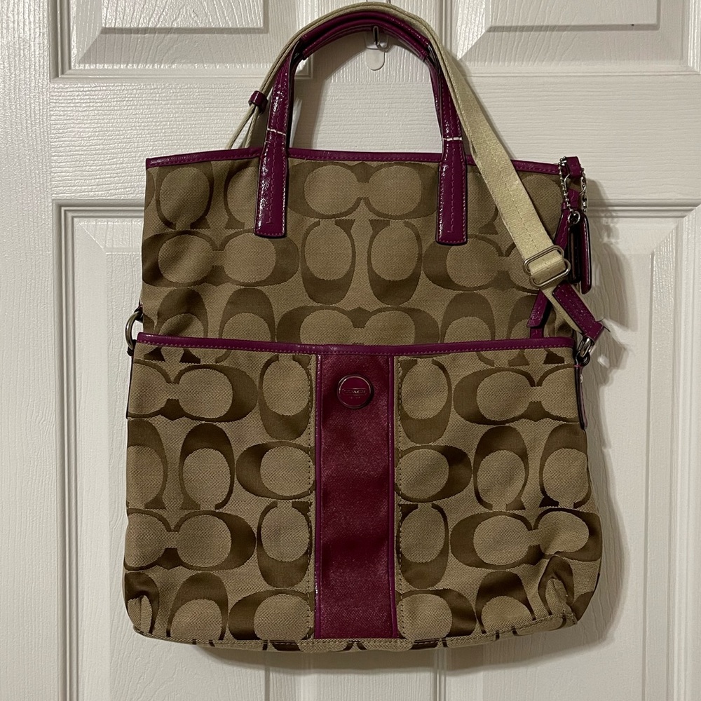 *SOLD* Coach signature stripe foldover tote passion berry f23304